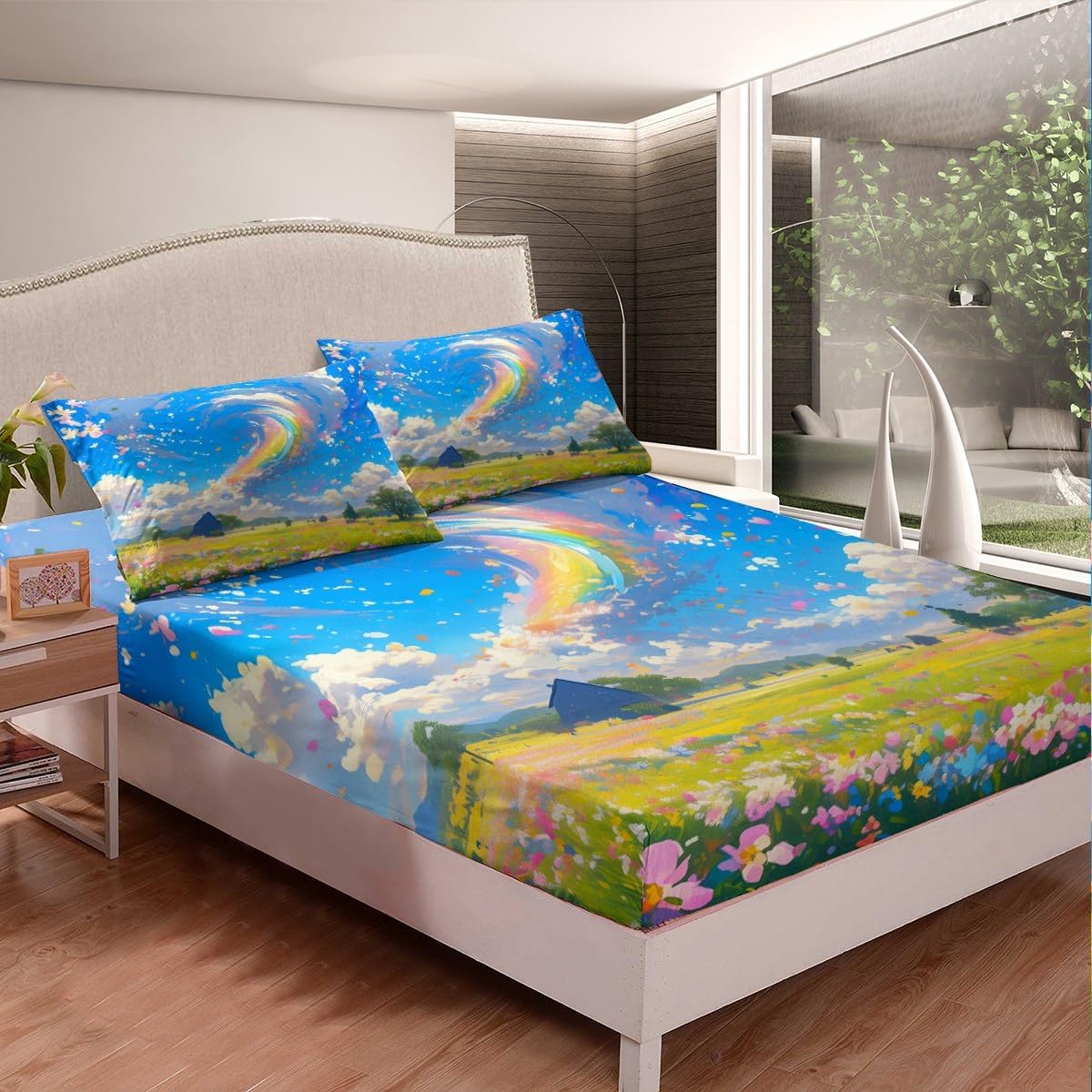 Erosebridal Floral Tornado Fitted Sheet Queen,Spring Tornados Bed Sheets for Girls Kids Boys,Rainbow Tornadoes Room Decor for Storm Chaser,3Pcs(1 Fitted Sheet,2 Pillowcases)