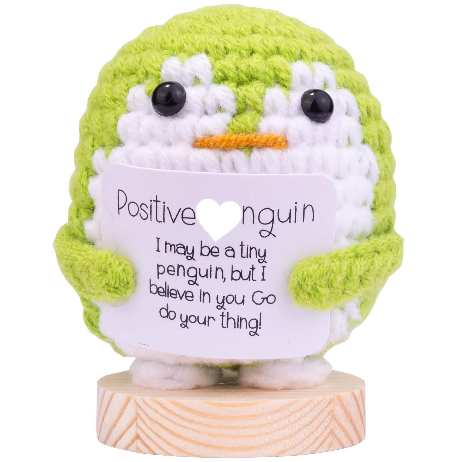 MuMyer Funny Crochet Penguin Doll, Cute Knitted Wool Penguin, Handmade Emotional Support Crochet Penguin Gift with Wooden Base Positive Card for Car Home Office(Green)