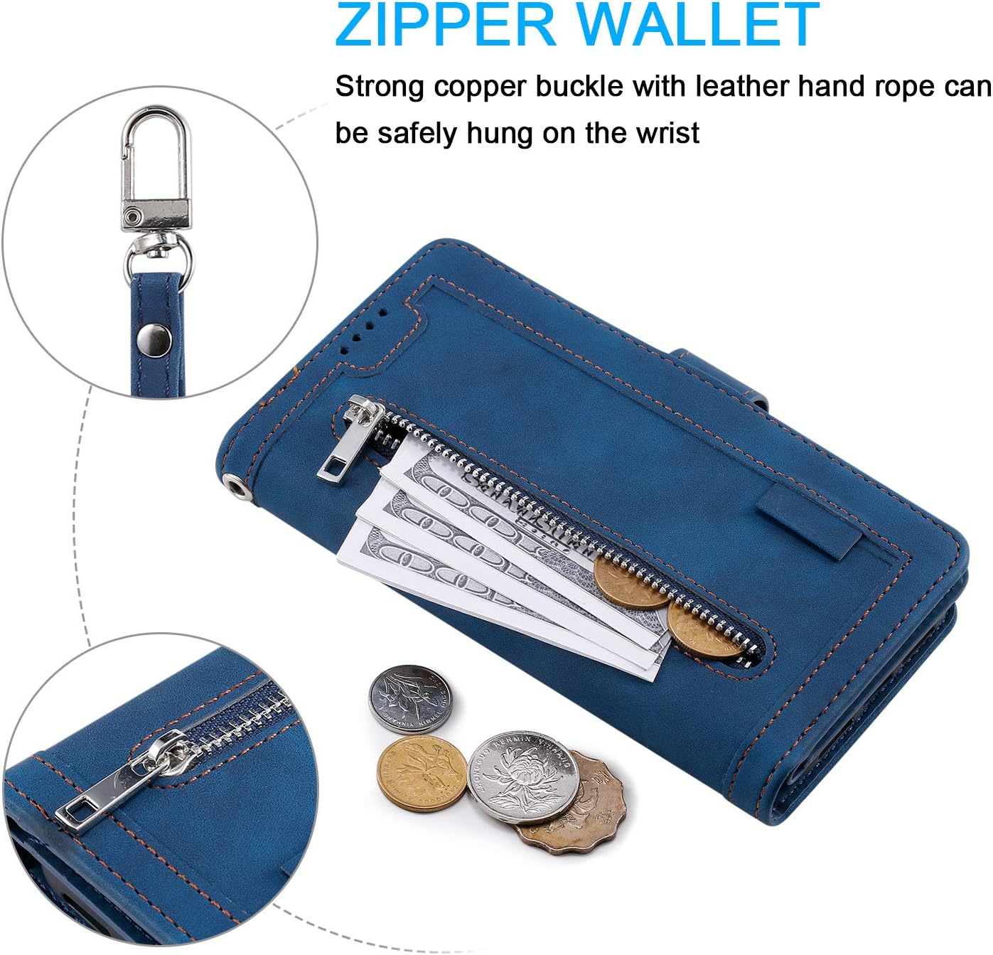 EYZUTAK Wallet Phone Case for Samsung Galaxy A16 4G/5G, Retro Matte 9 Card Holder Slots Zipper Pocket Handbag Case PU Leather Magnetic Closure Kickstand with Wrist Strap Flip Folio Purse Case - Blue - Image 6