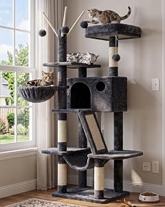 Hey-brother Cat Tree, 53 inch Cat Tower for Indoor Cats, Cat House with Padded Platform Bed, Toy Balls, Large Cozy Condo, Hammocks and Sisal Scratching Posts, Smoky Gray MPJ019-SG