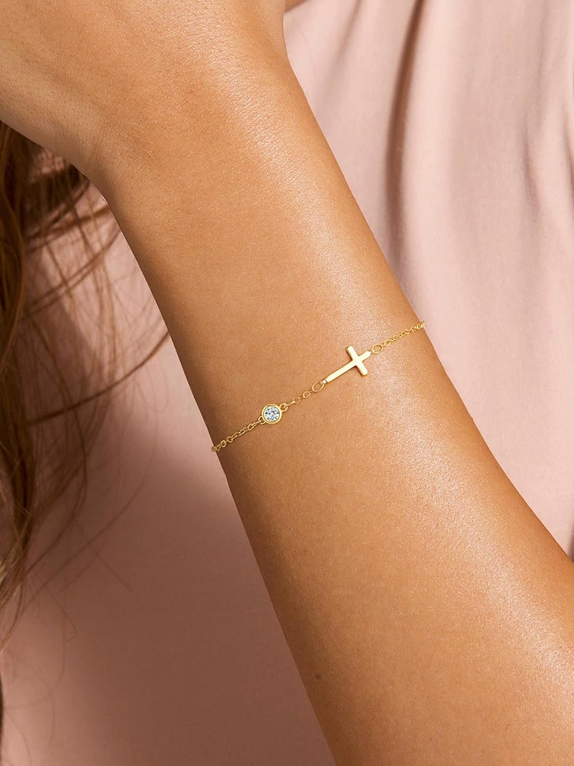 Dainty Birthstone Gold Cross Bracelets for Women Trendy 14K Gold Plated Inspirational Religious Faith Small Cross Bracelet Christian Baptism Birthday Gift for Women Minimalist Non Tarnish Jewelry - Image 3