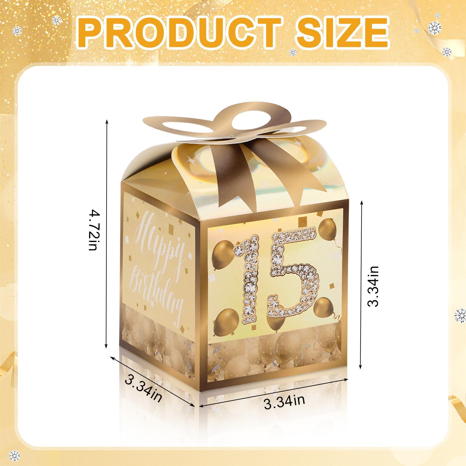 50 cajas de cumpleaños número 15: bolsas doradas para quinceañera dulce de fiesta | Cartón, diseño dorado, dulces y golosinas, mesas de postre, fiestas de quinceañera, recuerdos de invitados, fácil montaje
