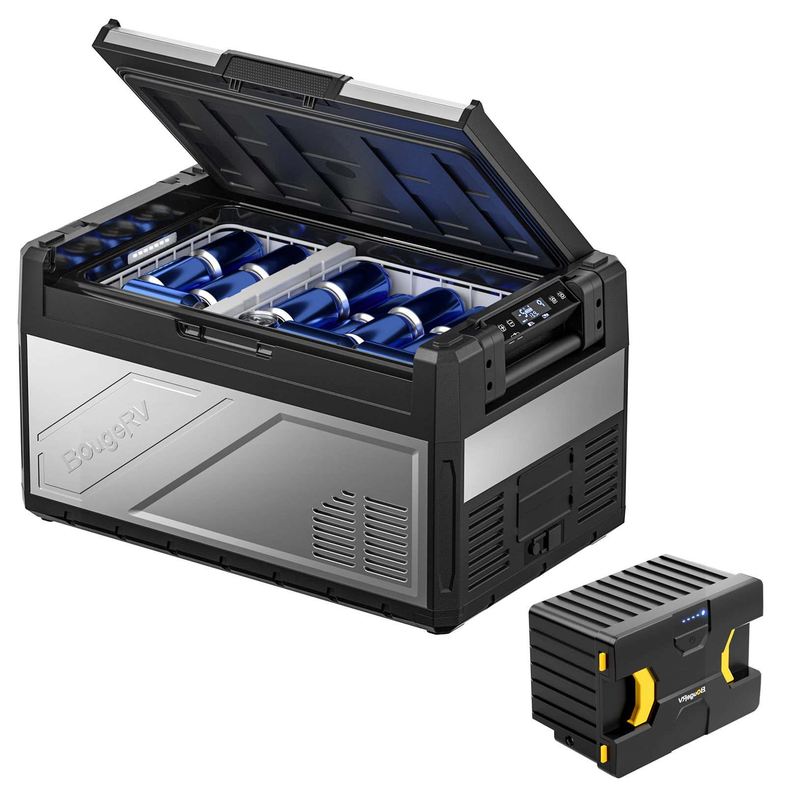 BougeRV Rocky 39L Nevera Compresor con Batería, Nevera Portátil 12V 220V Metal con Divisor Extraíble, App Control de Doble Zona Refrigerador para Camping Coche Viaje Barco Camión -20℃-20℃