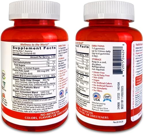 Miniatura 11 de Eniva Health Vinagre de sidra de manzana Gourmet Gummy Vitaminas 60 unidades USDA Orgánico ACV Vegano Sin Gluten Sin OMG con la Madre B9 B12