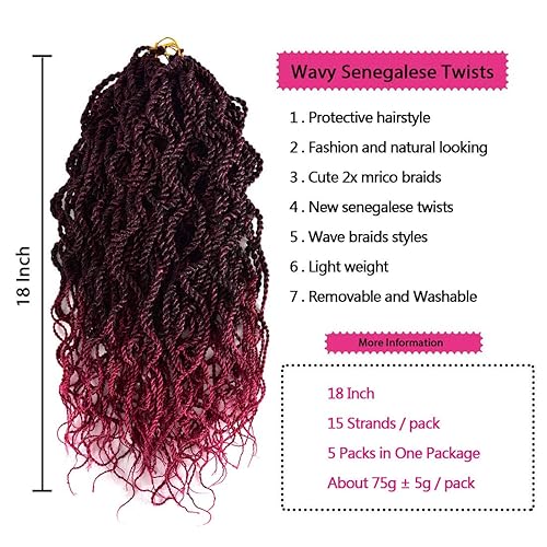 Miniatura 3 de Liang Dian Trenzas de cabello ondulado senegalés de 18 pulgadas, 5 paquetes de trenzas de cabello rizado con extremos ondulados, extensiones de