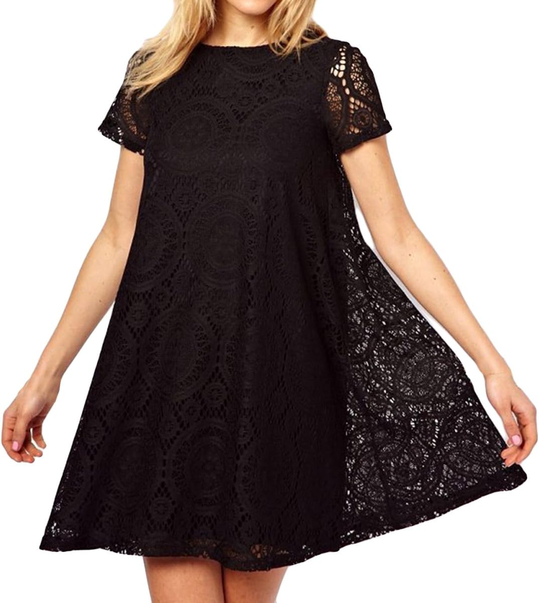 Genluna Short Sleeve Lace Cocktail Party Loose Princess Mini Dress