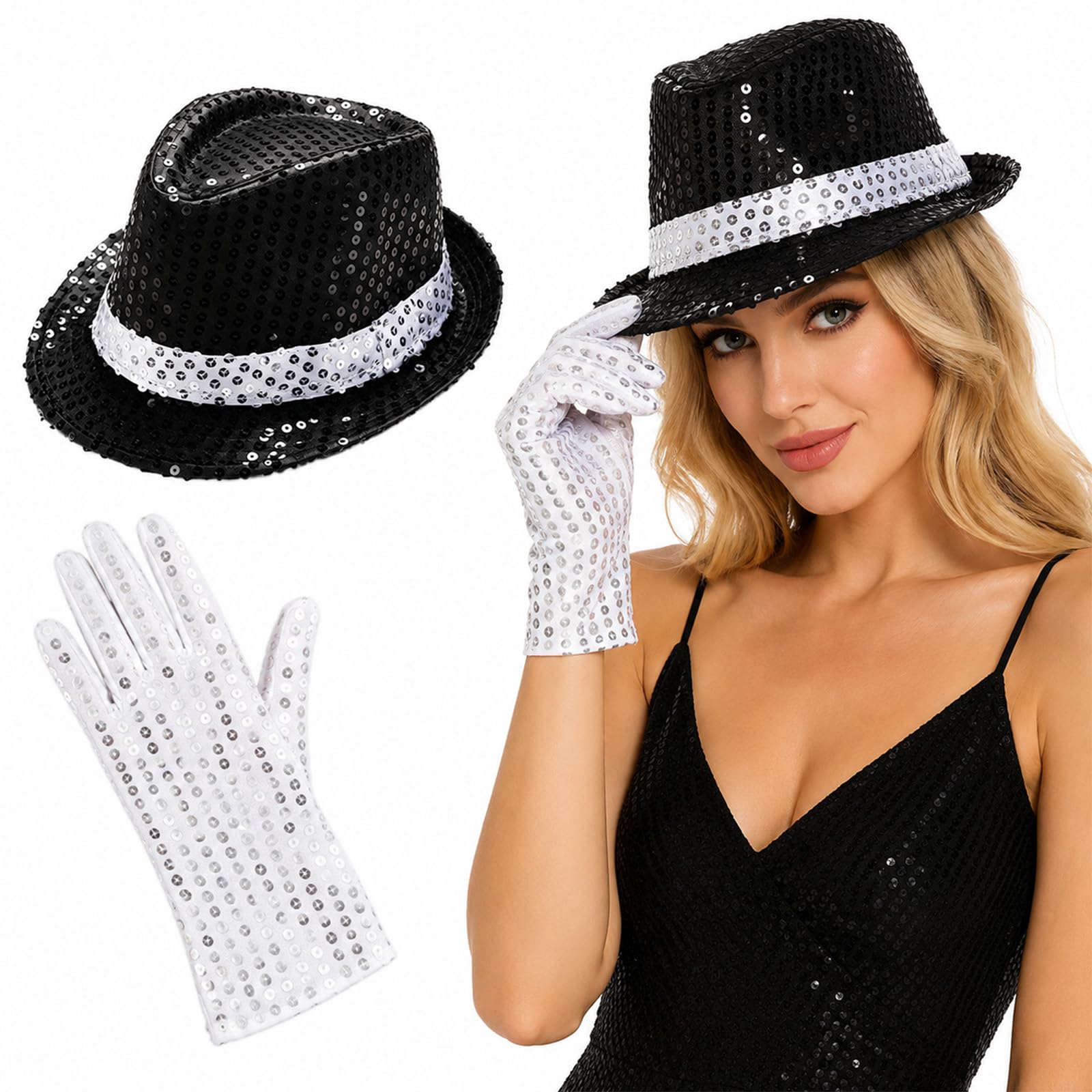 2 PCS Jacko Pop Star Costume Set - Black Hat & Silver Sequined Gloves