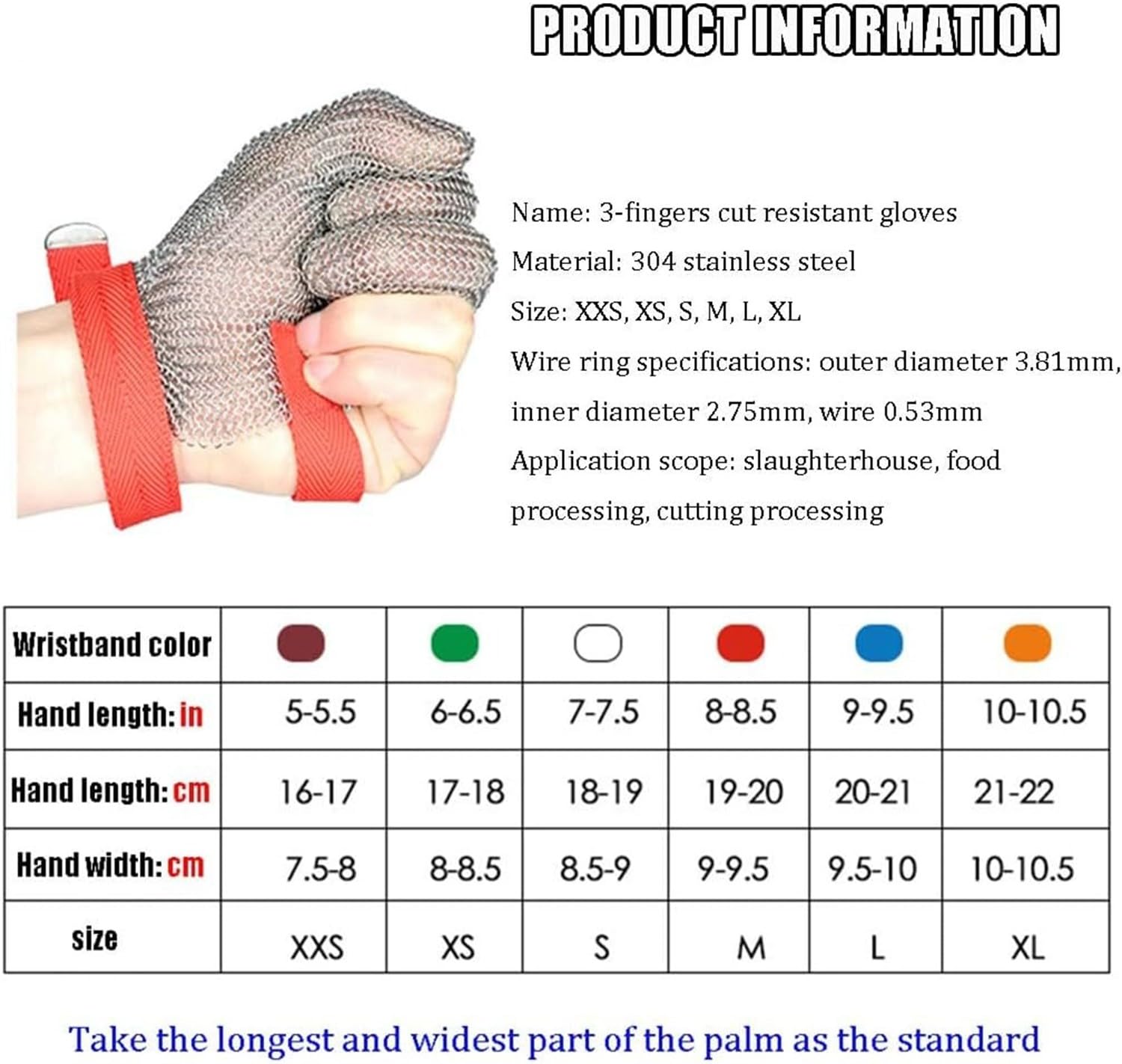 Guantes De Cadena De Carnicero,Guantes Anticortes Guantes Resistentes A Corte De Tres Dedos De Acero Inoxidable, Adecuados For El Procesamiento De Alimentos,Pesca,Procesamiento De Corte 1pcs,L