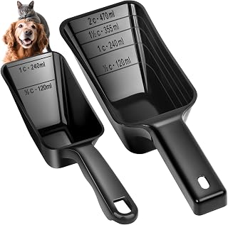 2-Pack Dog Food Scoop Set,1 Cup and 2 Cup Plastic Pet Food Measuring Scoops with Clear Measurement Lines,Multi-Purpose Pet Food Scooper for Dogs, Cats, Birds & More (Black)
