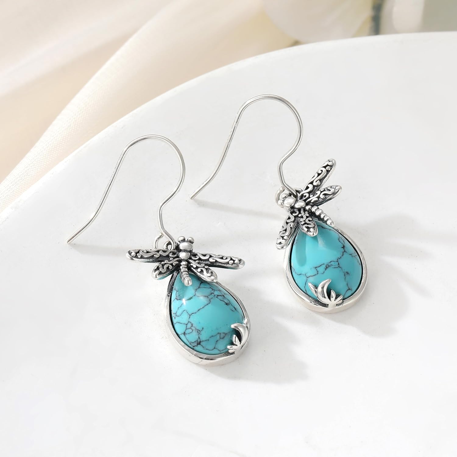 Turquoise Dangle Earrings for Women, 925 Sterling Silver Hook Western Teardrop Bohemian Earrings, Boho Turquoise Earrings, Turquoise Hoop Earrings