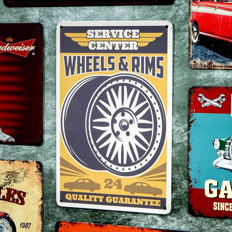 Image of Eazywagon Decorative Retro Metal Signs Wall Plate - 12x8 Inch (Wheels & Rims) | Weatherproof Vintage Metal Sign Plate for Cafe, Home, Bar, Garage | Decorative Wall Hanging Sign Board