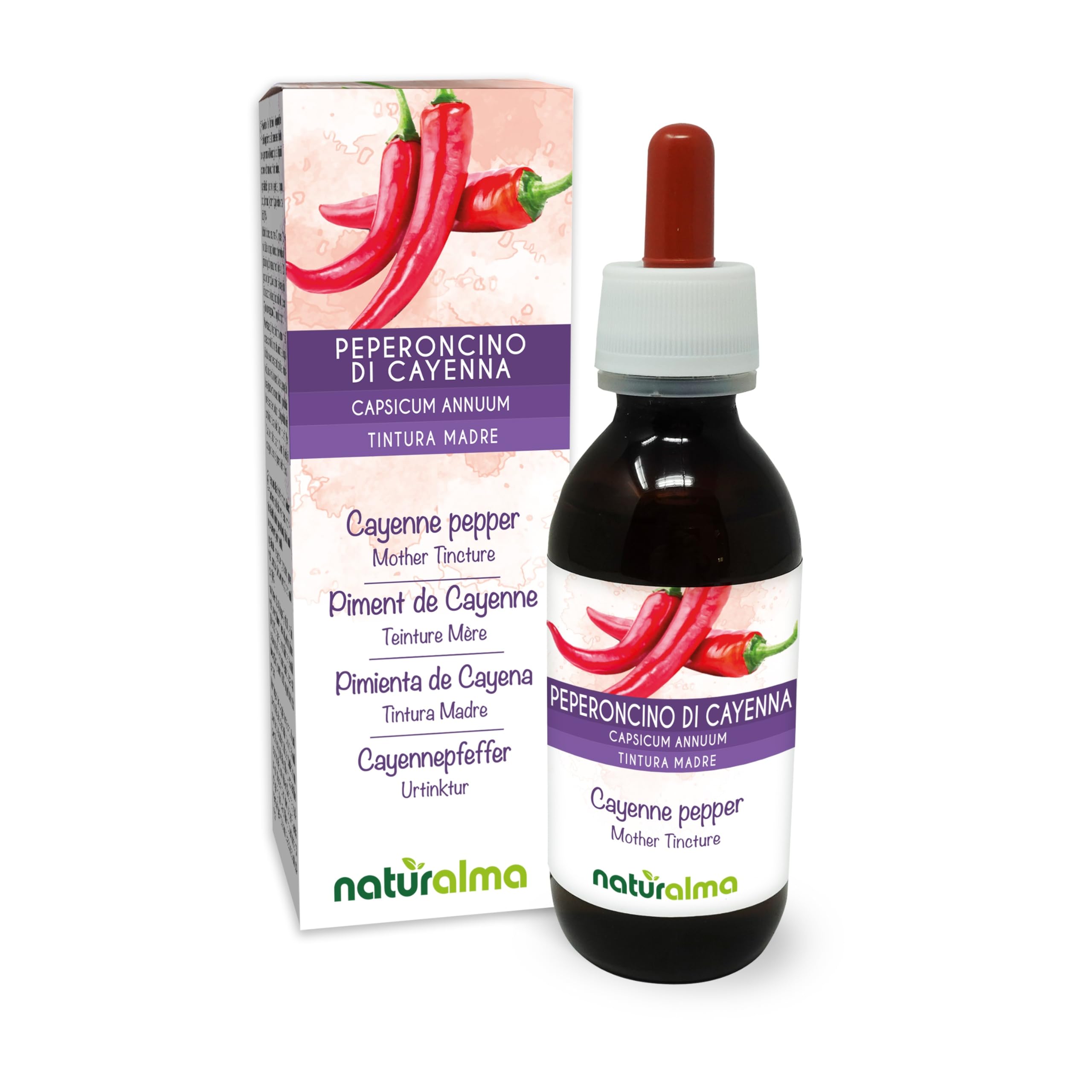 Piment de Cayenne (Capsicum annuum) fruits Teinture Mère sans alcool Naturalma - Extrait liquide gouttes 120 ml - Complément alimentaire - Végétalien ou végan