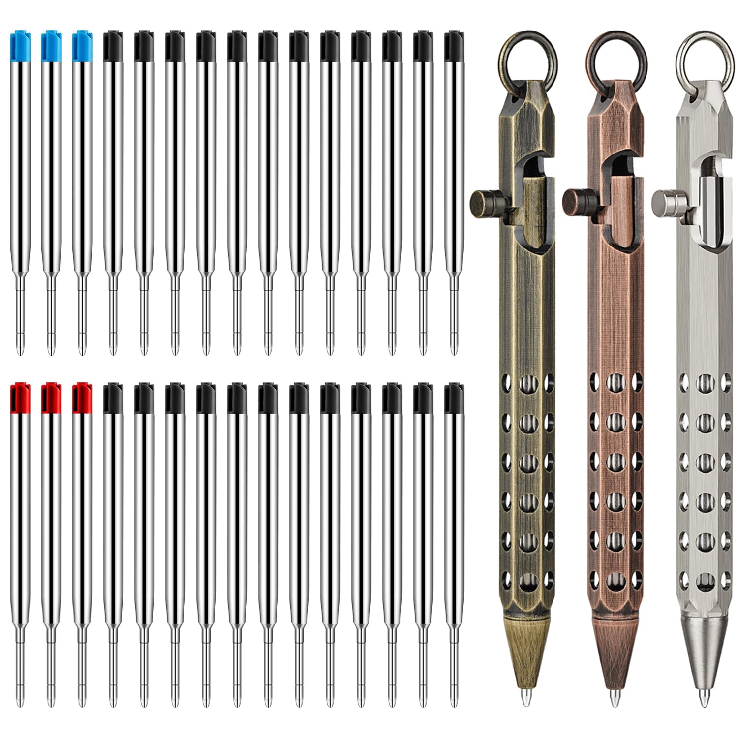 Origin-Joy Juego de 3 bolígrafos de acción de pernos, seis bordes de latón macizo EDC de bolsillo con 30 recambios de bolígrafo (retro negro y bronce rojo y gris níquel)