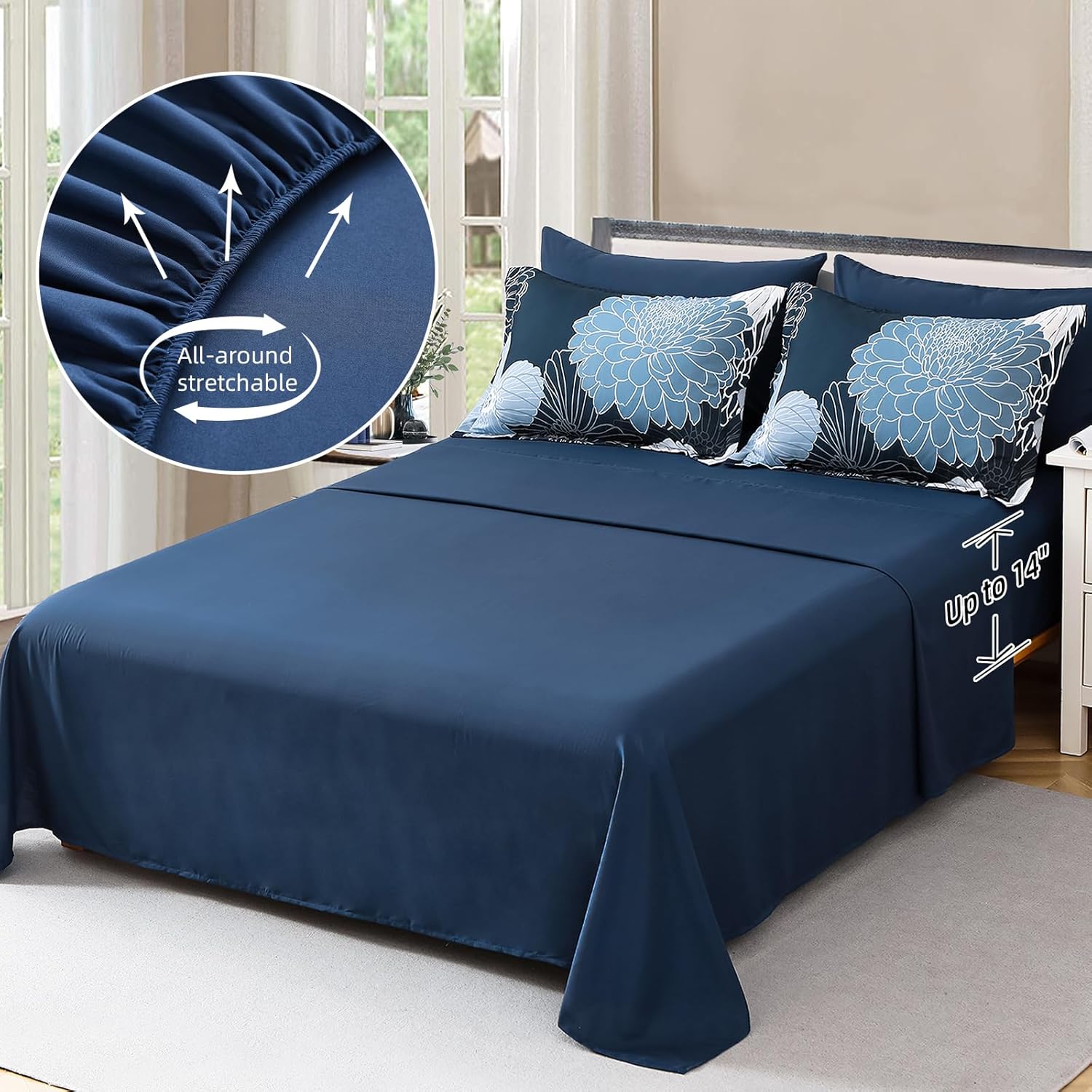 Yiran Navy Blue Bed in a Bag Comforter Set Queen 7 Pieces Floral Bedding Set for Bed,Soft Microfiber Flowers Comforter with 1 Flat Sheet 1 Fitted Sheet 2 Pillowshams - Image 4