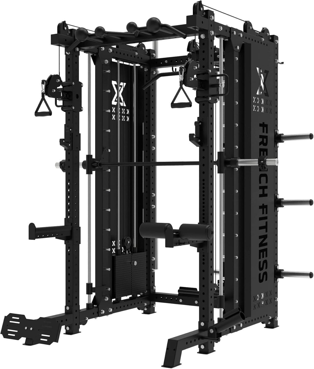 French Fitness FSR100 Commercial Functional Smith Rack System – All-in-One Home Gym Machine, 11-Gauge Steel, Dual Weight Stacks, Multi-Function Trainer