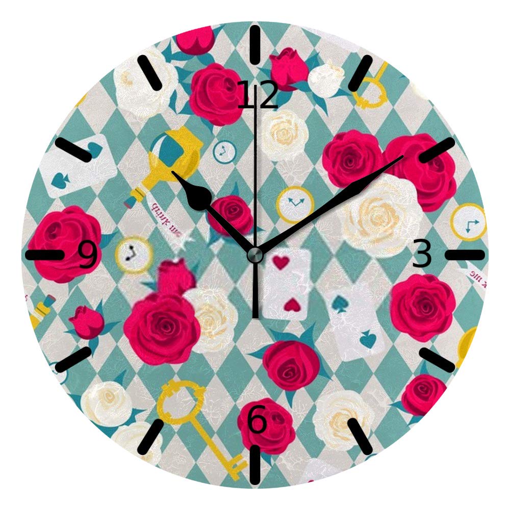 Ruchen Silent Wall Clock Non Ticking ﻿Roses Card Key Clock Alice in Wonderland Blue Round 25.4cm Home Bedroom Decor