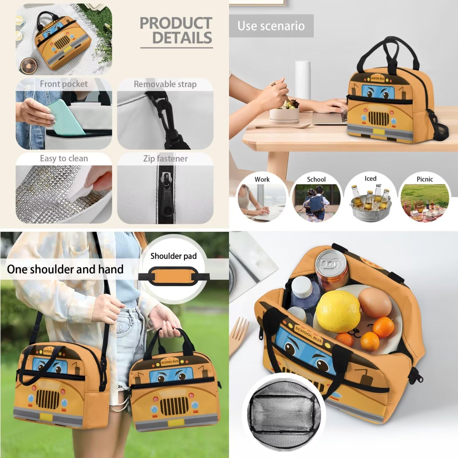 Set di 3 libri scolastici per ragazze con astuccio termico per il pranzo, Bus scolastico, L, Casual
