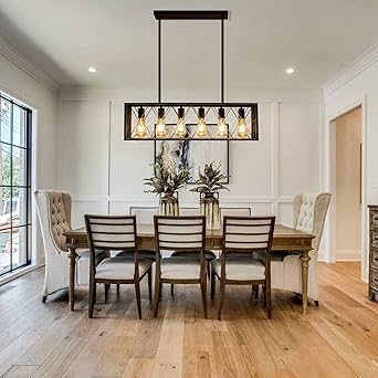 Pretoy Kitchen Island Pendant Lighting 6-Light Black Metal Industrial Bar Chandelier Fixtures Vintage Hanging Farmhouse Rectangle Linear Chandelier for Dining Room Living Room
