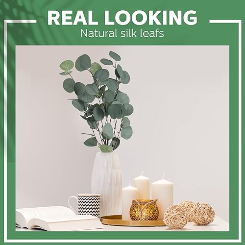 Miniatura 6 de 20 tallos artificiales de eucalipto a granel, hojas de dólar de plata de 23.6 pulgadas, decoración de plantas falsas de ramas de seda, ramas de