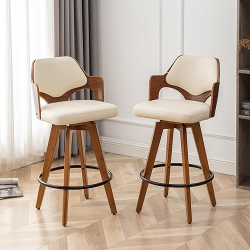 Miniatura 8 de Juego de 2 taburetes de bar giratorios de altura de mostrador, silla de bar tapizada con patas de bambú, taburetes de mostrador con respaldo bajo
