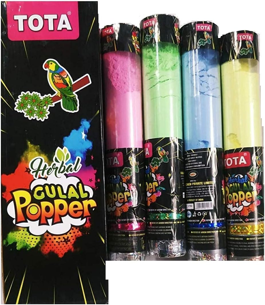 HeeMoTota Herbal Gulal Poppers Natural Rangoli Holi Color Powder Gulal, Skin-Safe and Non-Toxic (Assorted Colours) - Pack of 4