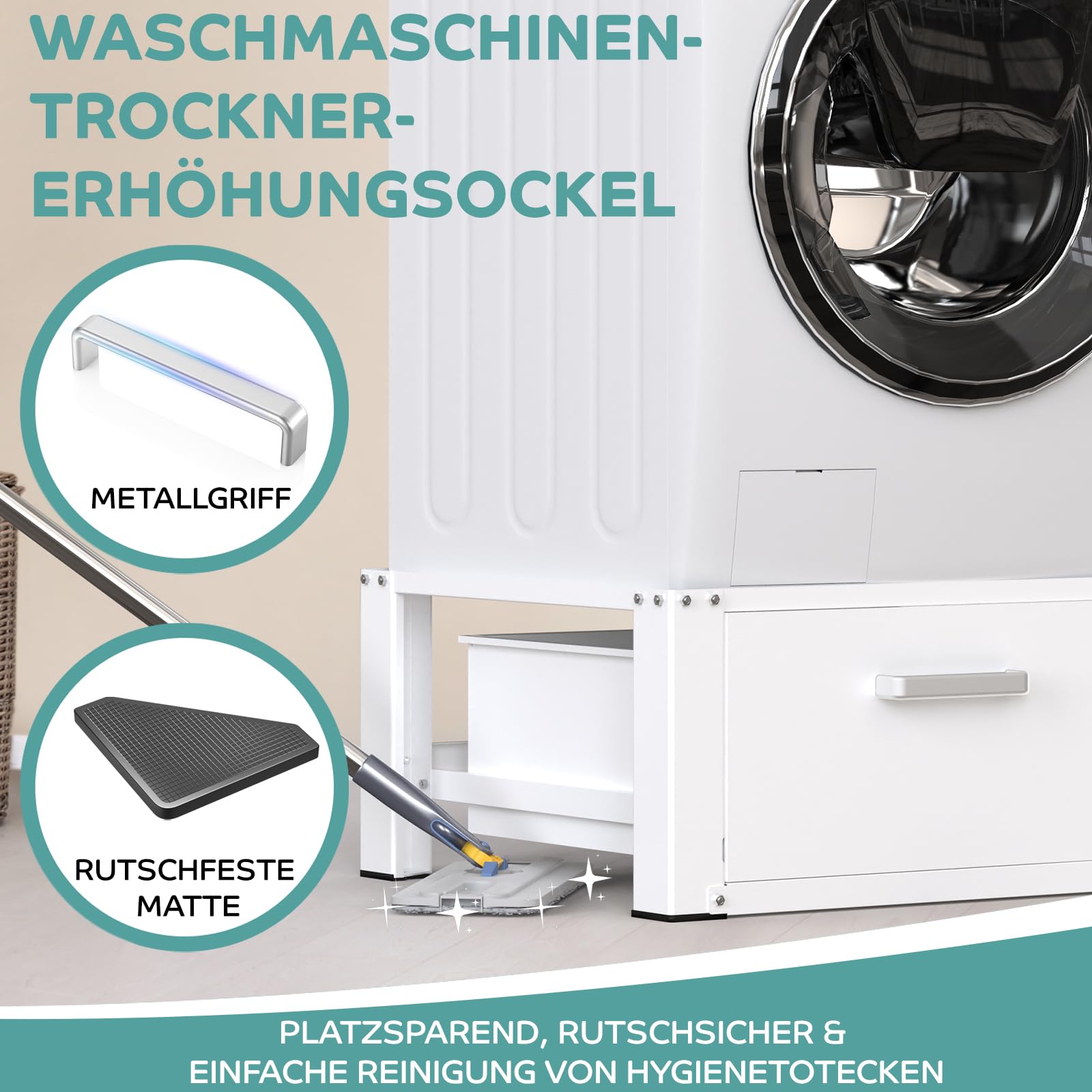 Stabiler Waschmaschinen Untergestell mit 2 Schubladen Waschmaschinen Unterschrank 500kg Tragkraft Waschmaschine mit Hohem Sockel Stahl Doppel Podest für Waschmaschine und Trockner