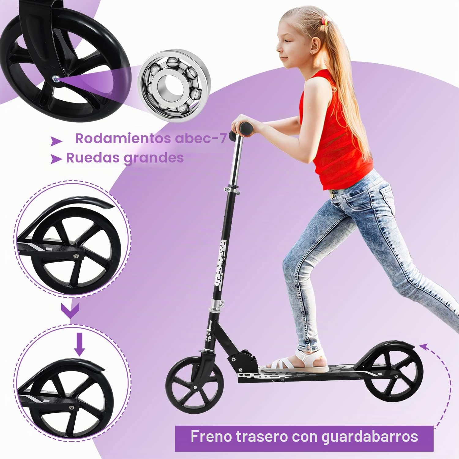 Patinete de ciudad con ruedas grandes, plegable, altura regulable, para niños y adultos, freno trasero, patinete con correa, máx. 100 kg