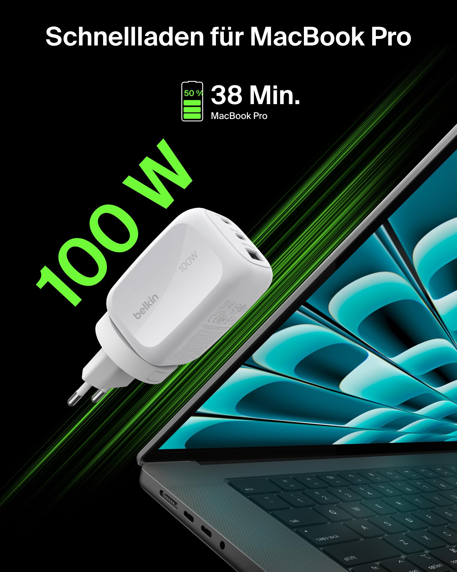 Belkin 3 Port USB C Ladegerät, 100 W, GaN-Ladegerät, 2 USB-C-Anschlüsse, 1 USB-A-Anschluss, inkl. Reisestecker für EU/UK/USA, Schnellladen von MacBook, iPhone, iPad Pro, Samsung Galaxy, Pixel – Weiß