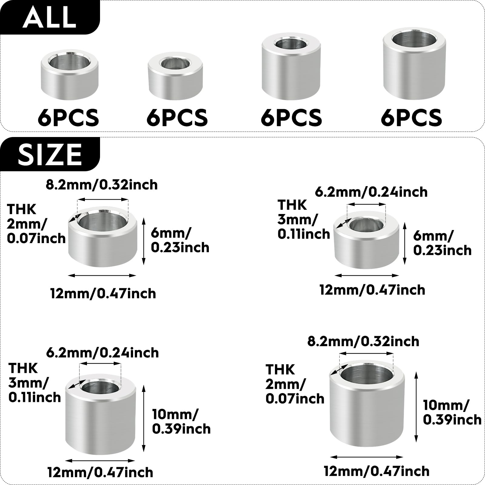 24pcs Spacing Sleeves, Aluminum Sleeves Round Spacer Hose for M6 M8 Screws Bolts, silver - Image 2