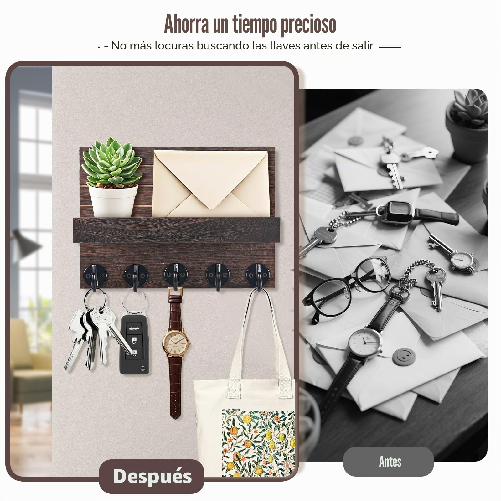 Llavero de Madera para Pared, Portallaves de Madera, Ganchos para Llaves Montados en la Pared, Organizador Llaves con 5 Ganchos para Llaves, para Llaves, Cartas, Periódicos (Marrón)