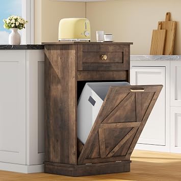 YESHOMY Tilt Out Trash Cabinet,10 Gallon Hidden Wooden Bin Cabinets, Laundry Hamper with Drawers, for Kitchen, Dining RoomDark Brown