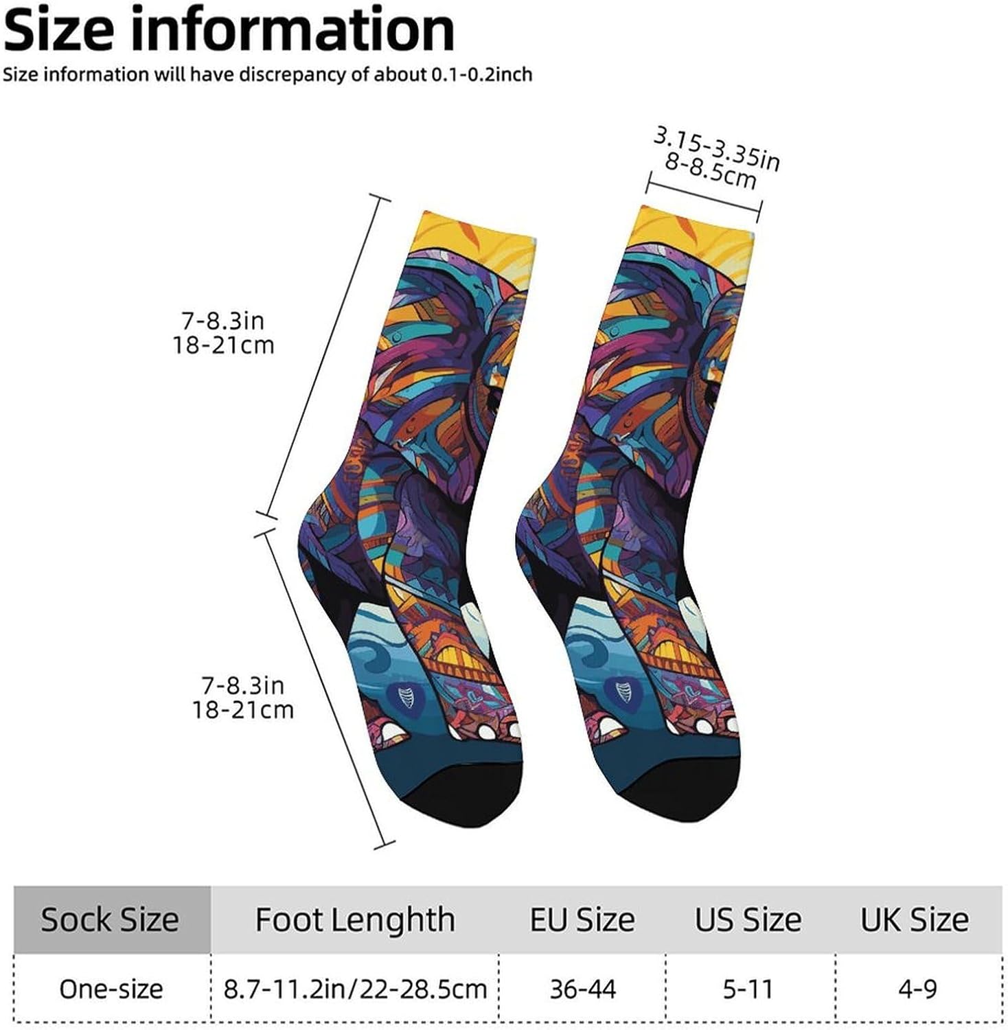 Breathable Sports Socks, Moisture Wicking, Lightweight Crew Socks | Colorful Elephant Athletic Calf Socks for Women Men, Casual, Anti-Slip, Multifunctional Work Socks