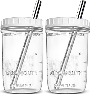 Jarming Collections Travel Glass Smoothie Cups with Lids and Straws - Mason Jar with Lid and Straw, Freezer Safe Wide Mouth Mason Jar Drinking Glasses, (2, 16oz)