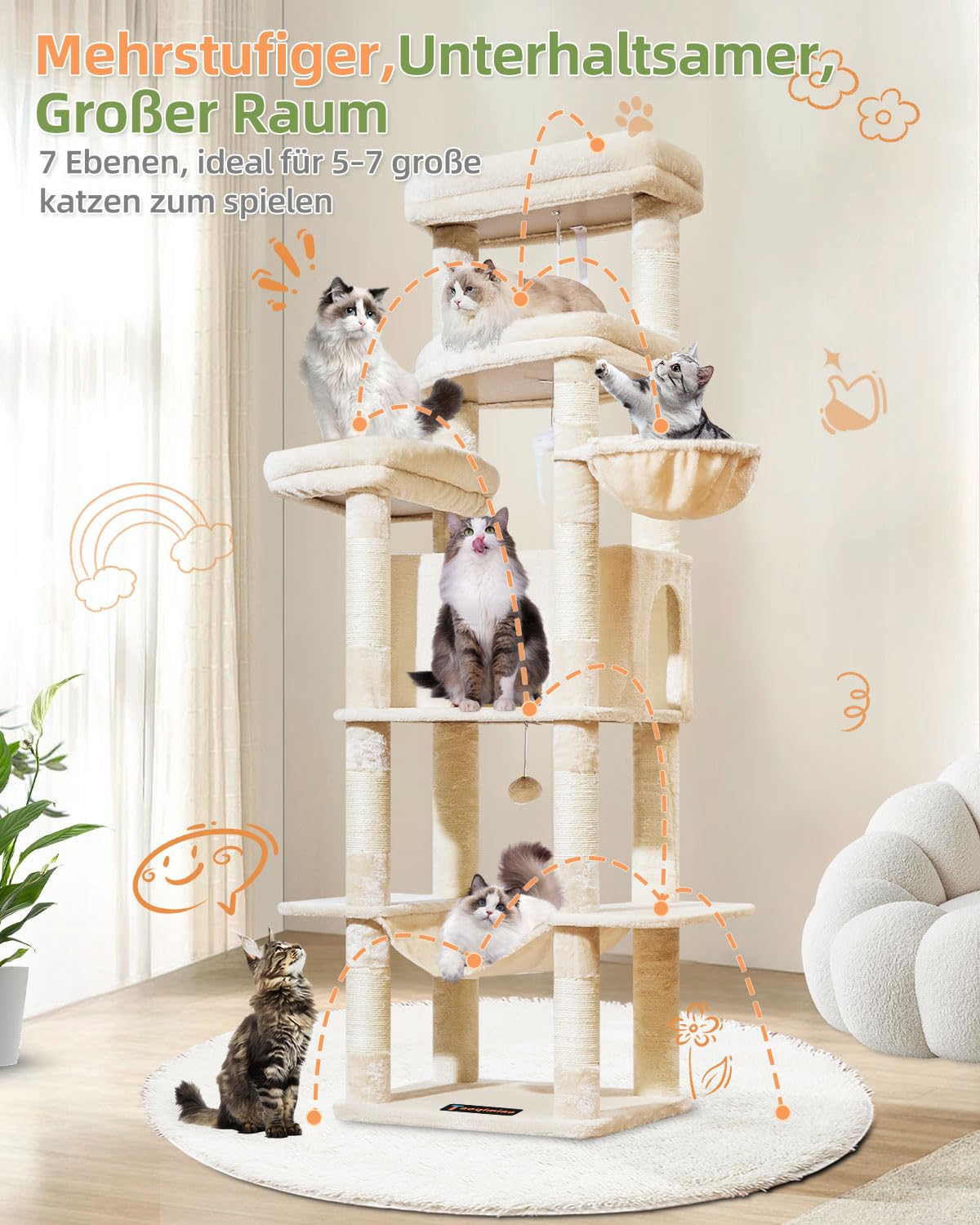 Taoqimiao 180CM Kratzbaum Groß XXL, Katzenbaum Grosse Katzen Stabil kratzbaum Maine Coon mit Katzenhaus, Hängematte, Große Plattform 9 Kratzsäulen, Korb, MS034M Beige