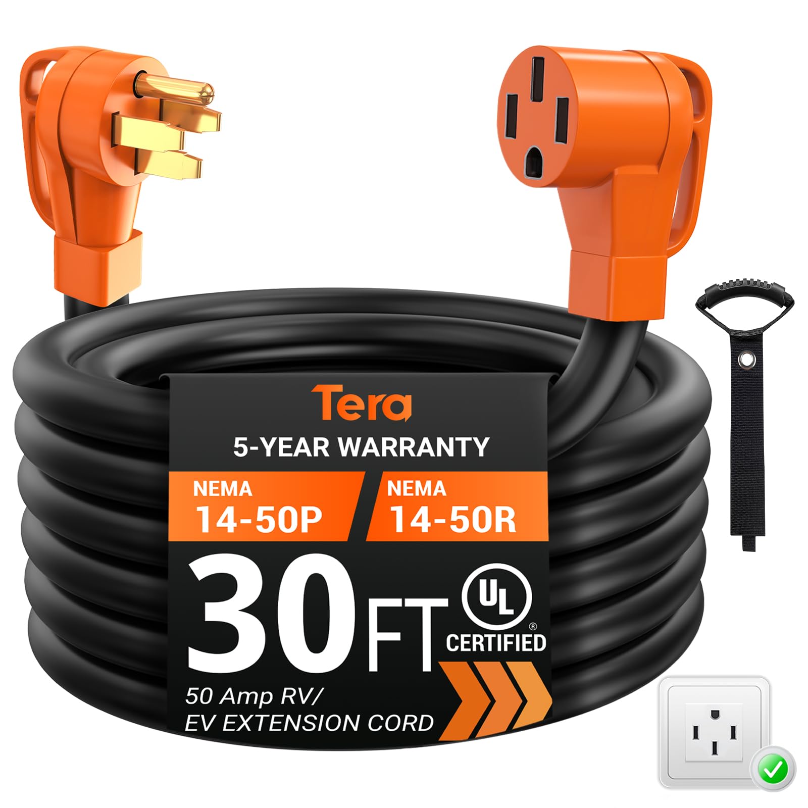 Tera Extension Cord 50 Amp RV & EV 30 FT: NEMA 14-50P to 14-50R UL Listed 4 Prong 250V Heavy Duty with Grip Handle Cord Organizer 6/3+8/1 Gauge STW RV