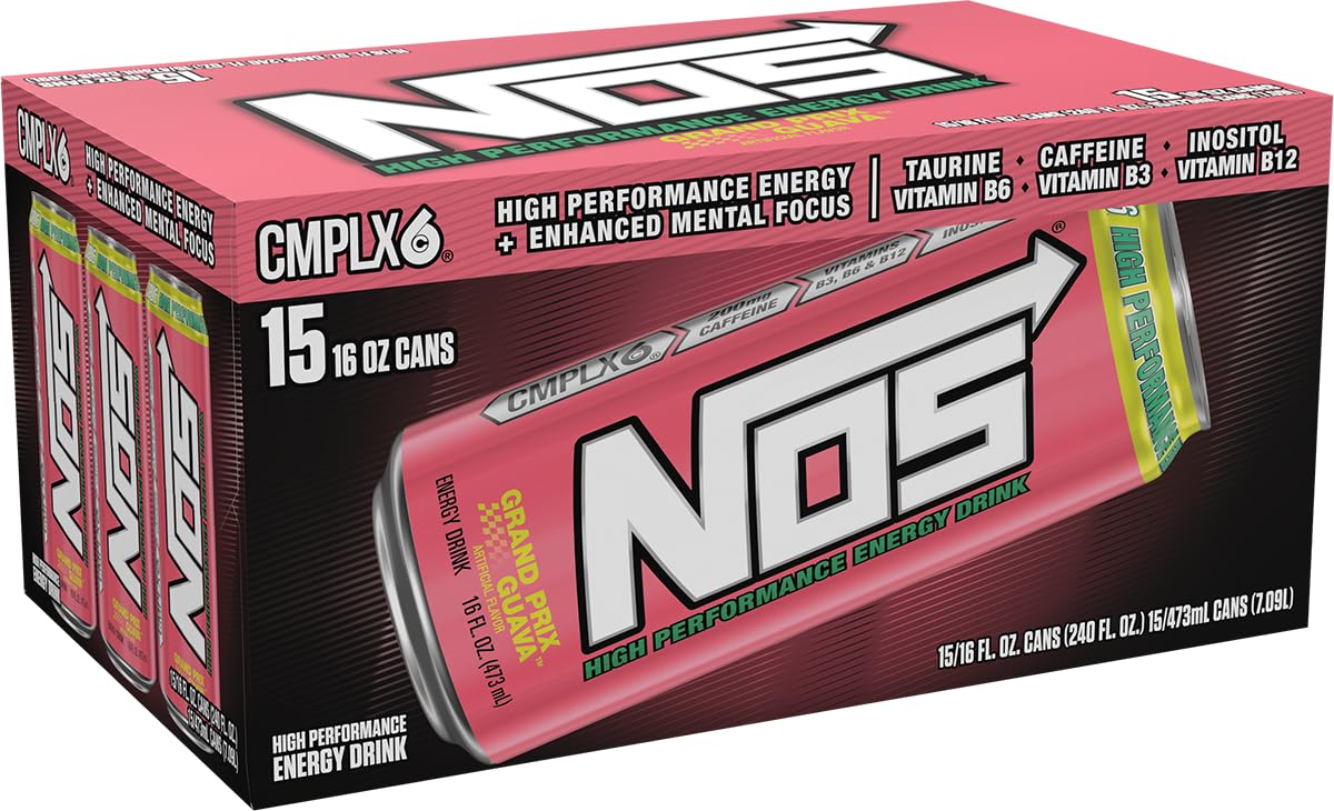 NOS Grand Prix Guava: High Performance Energy Drink. 16 Fl oz (Pack of 15)