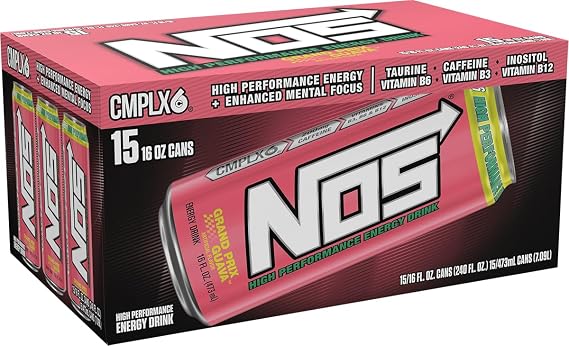 NOS Grand Prix Guava: High Performance Energy Drink. 16 Fl oz (Pack of 15)