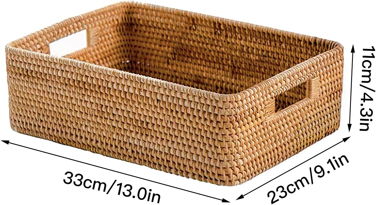 Rattan Storage Basket Organizer 13x9x4.3 inch - Hand Woven Desktop & Coffee Table Tray for Home Decor and Snack Organization