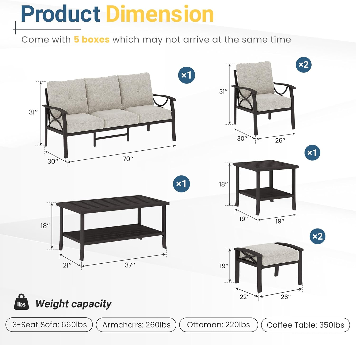 RoyalCraft 7-Pieces Outdoor Patio Furniture Set, Outdoor Metal Sectional Furniture with Cushions, Outdoor Conversation Seating Set with Coffee Table for Balcony, Backyard, Garden, Deck, Beige