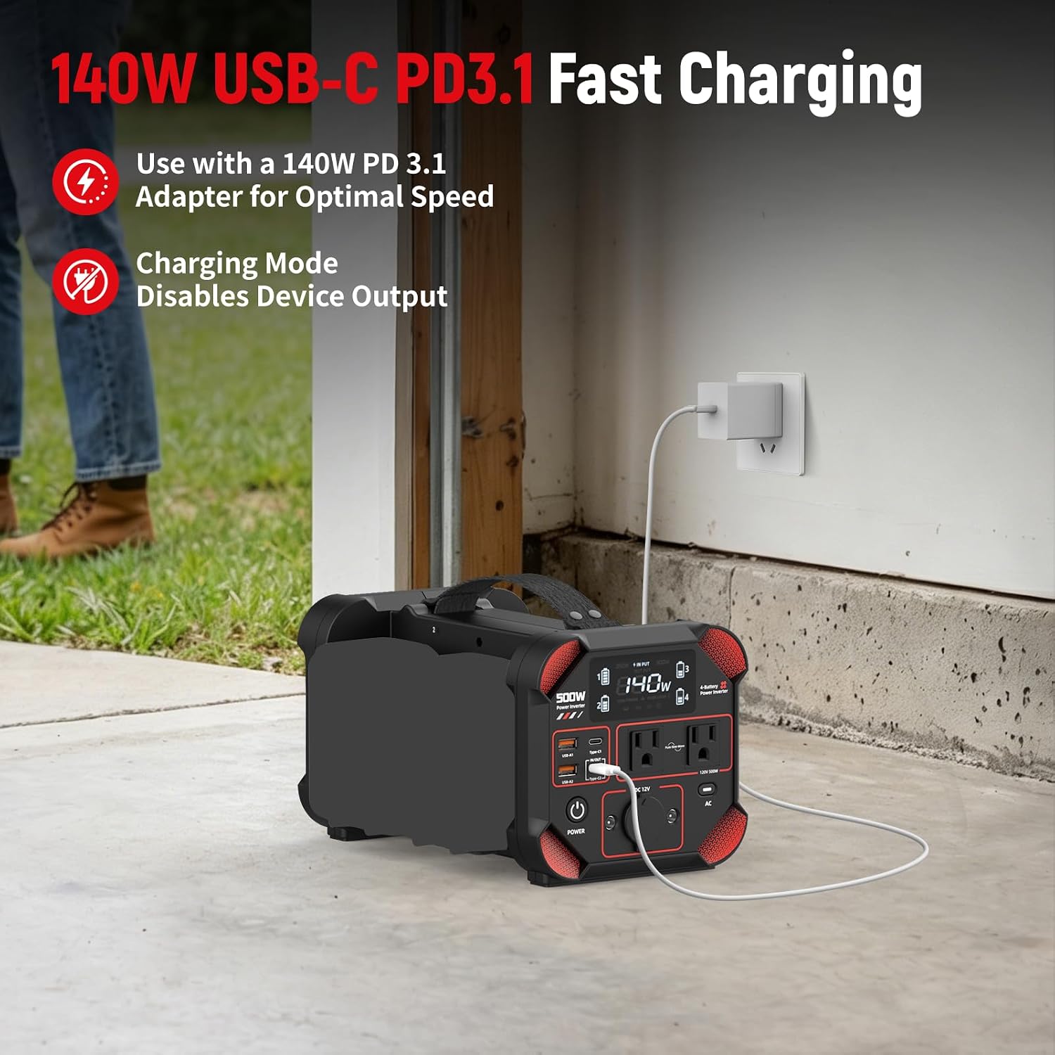 Kzreect 500W Pure Sine Wave Inverter Compatible with Milwaukee 18V Batteries, No Battery, DC 20V to AC 120V, 140W USB-C, 9 Output Ports, 800LM LED, 4-Battery Inverter for Work, Camping, Emergency