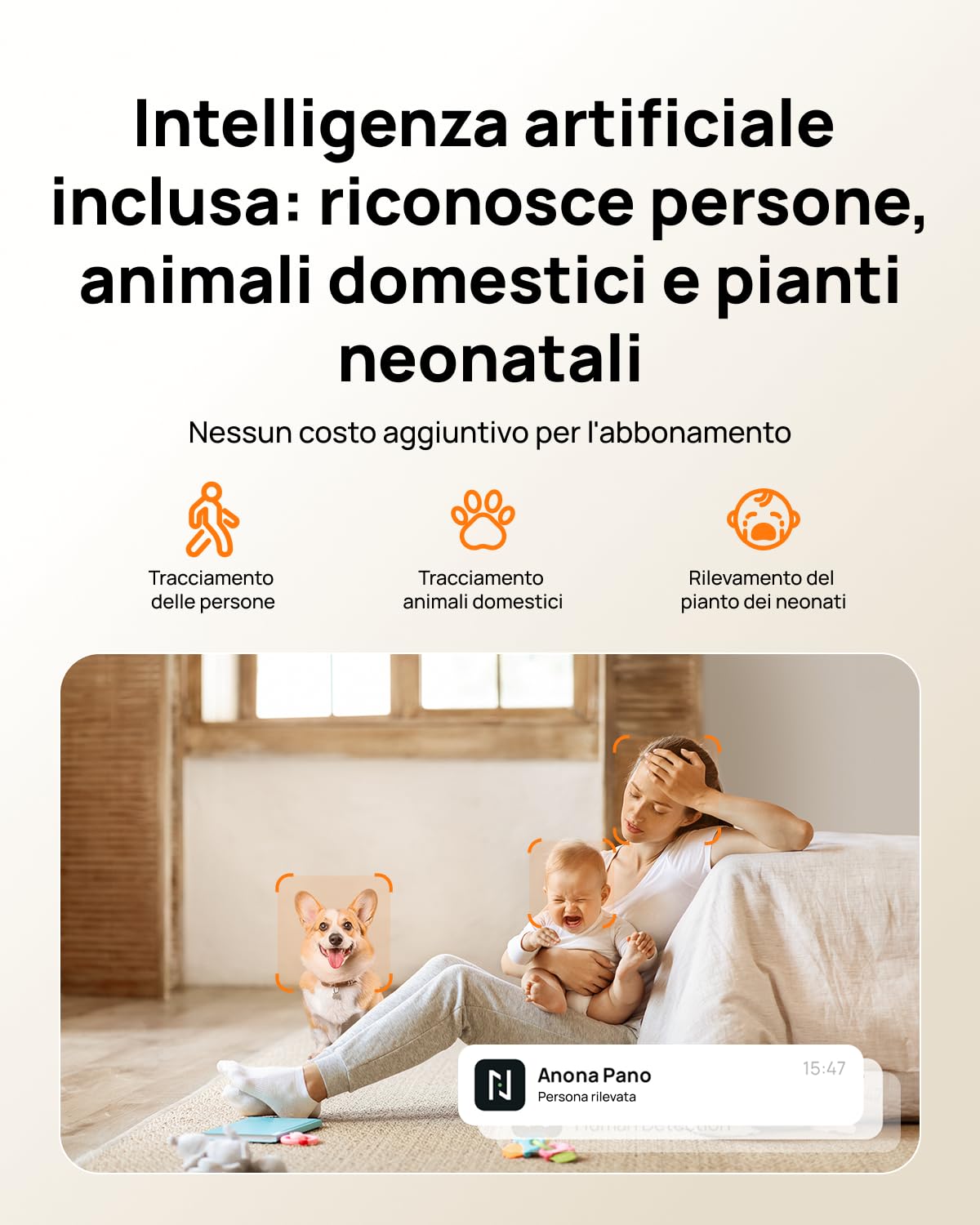Anona Pano 4K Telecamera WIFI Interno, 8MP Videocamera Sorveglianza Animali/Cane/Bambino, 360° PTZ, Wi-Fi 6 2,4/5G, Auto-Tracking, Rilevamento AI Persone/Animali/Pianto, Privacy, Audio Bidirezionale