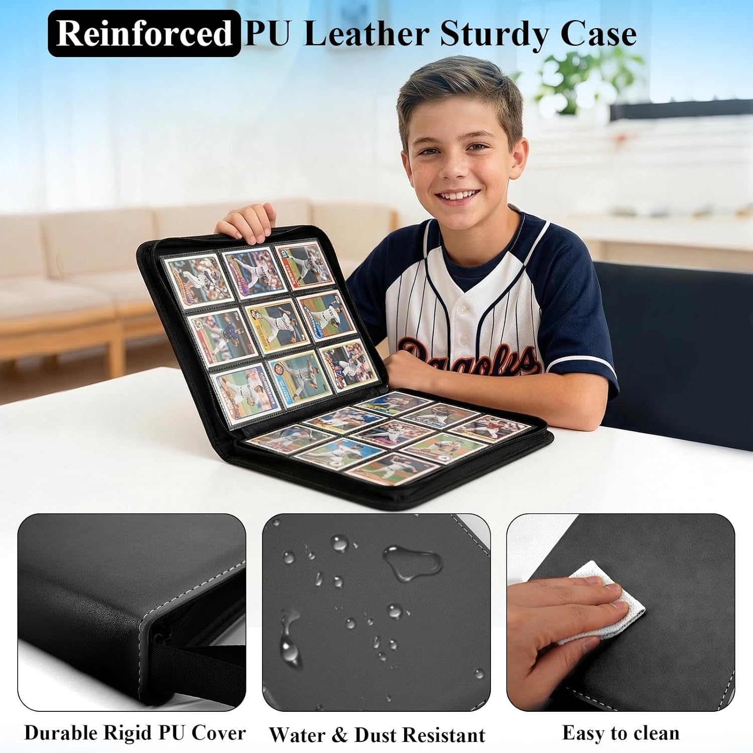 PU Leather Baseball Card Binder 900/400 Pockets, Card Holder Album with 50 Removable Sleeves, Double Sided Pockets Sports Trading Card for Collectors Boys and Girls Gift (Black, Medium)