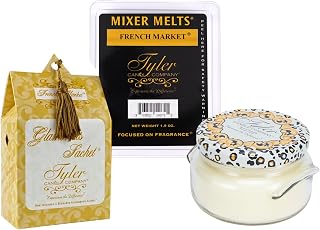 Tyler Candle French Market Mixer Melts - 22 Ounce Glass Jar Candle - Laundry Scented Sachet Bundle; Set of 3