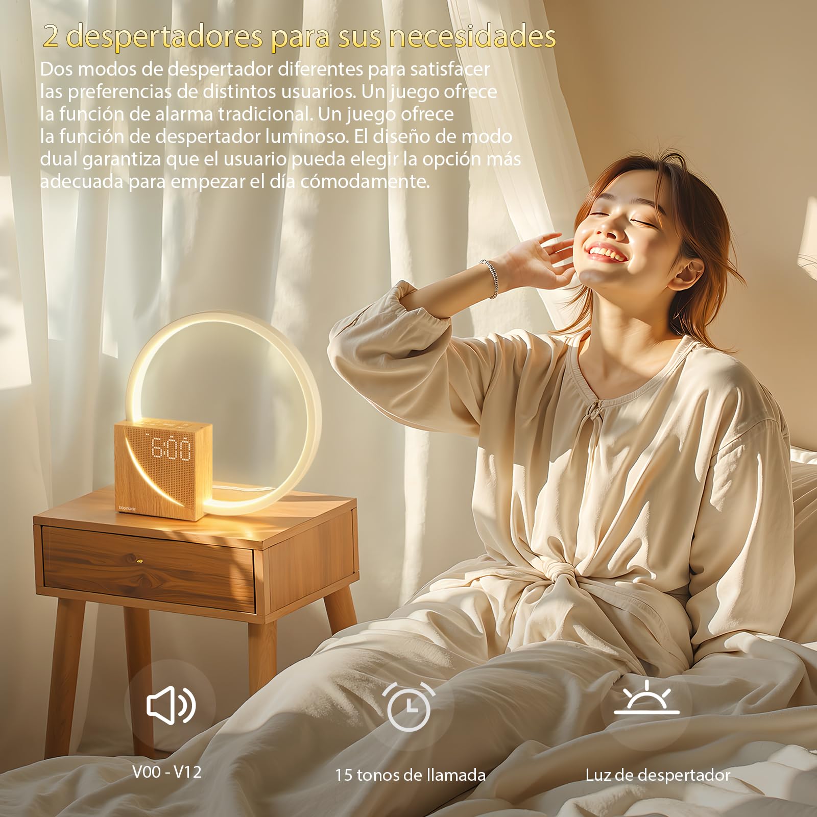 blonbar Despertador de Luz Natural de Cabecera 10W con Carga USB, Luz Nocturna Táctil de 3 Niveles de Brillo, Ayuda para el descanso de adultos y bebés