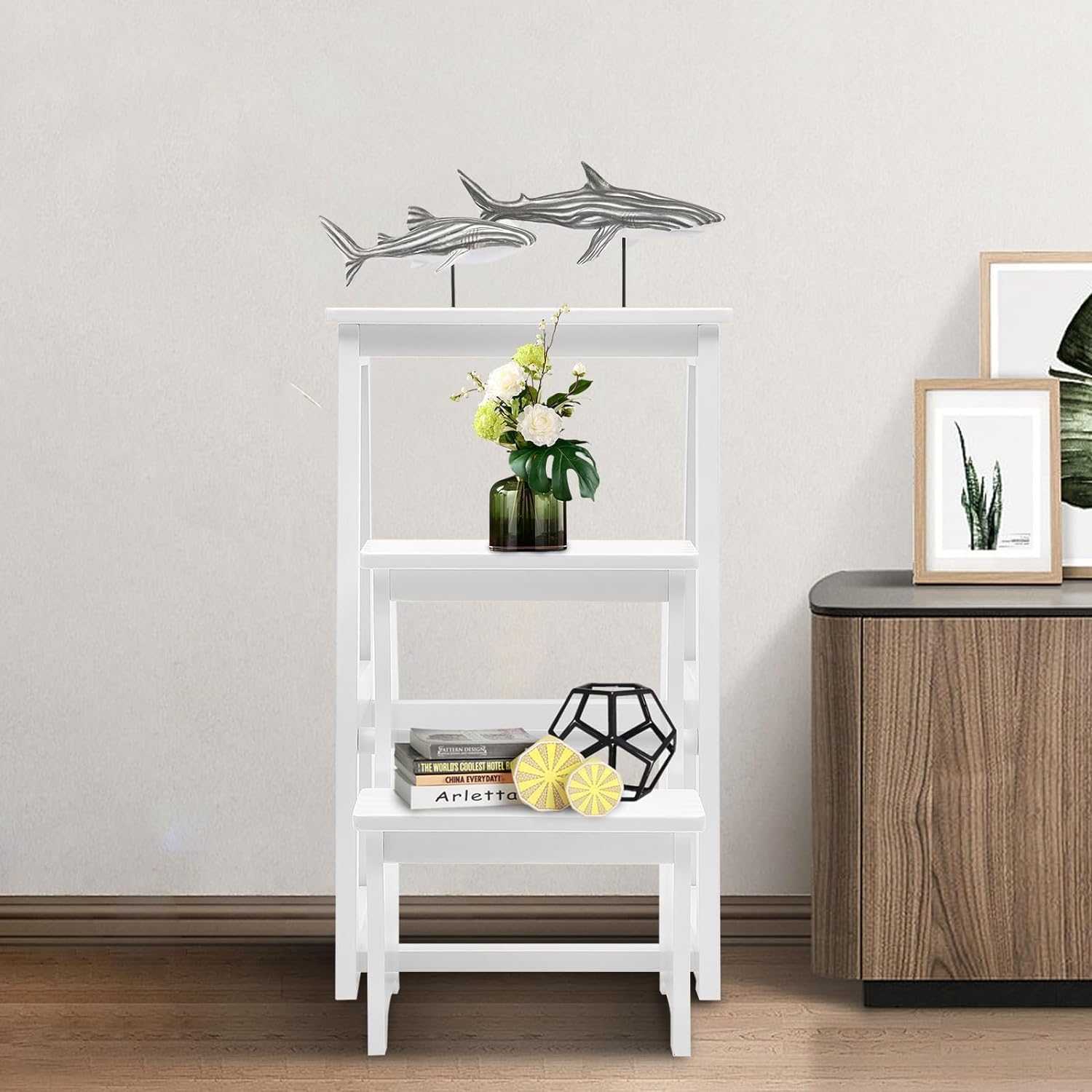 3 Tier Wood Folding Step Stool with Storage Shelf Multifunctional 3 in 1 Design for Home Kitchen Library White