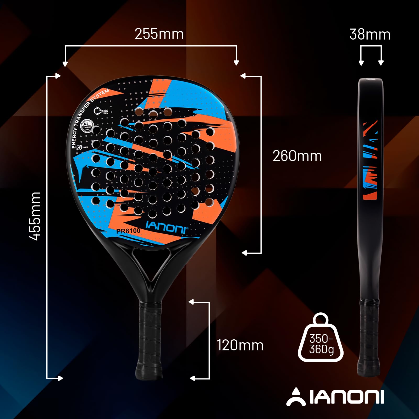 ianoni Racchetta da padel con superficie in fibra di carbonio con nucleo in schiuma EVA Memory Flex, arancione
