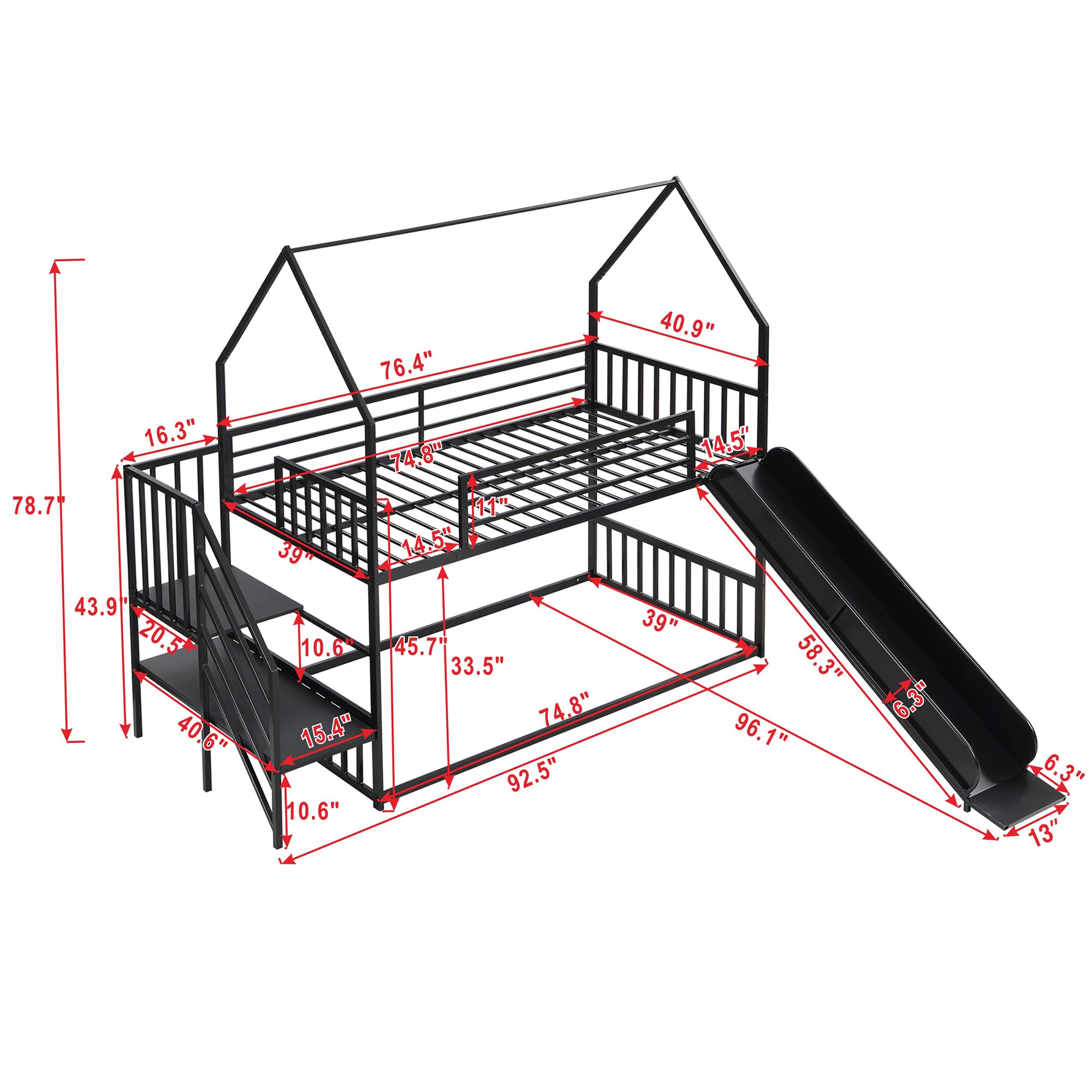 Merax House Bunk Bed, Metal Twin Over Twin Bunk Bed with Slide and Storage Staircase, Metal House Bed with Slide, No Box Spring Needed, Black