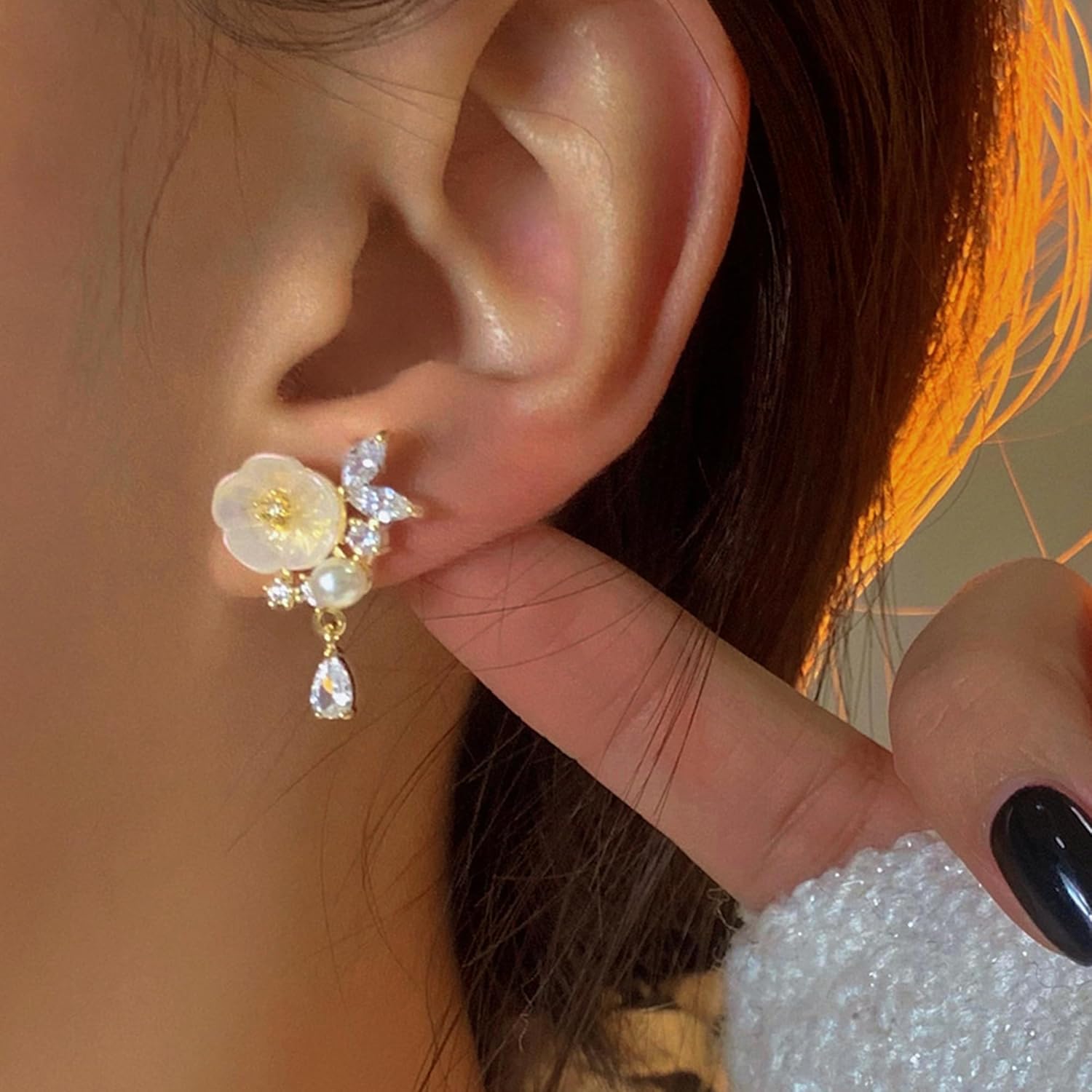 925 Sterling Silver Pearl Flower Leaf Stud Earrings for Women 14K Gold Plated Dainty Statement Cluster CZ Shell Pearl Dangle Earing to Daughter Wedding Prom Birth Valentine's Day Jewelry Gift - Image 5