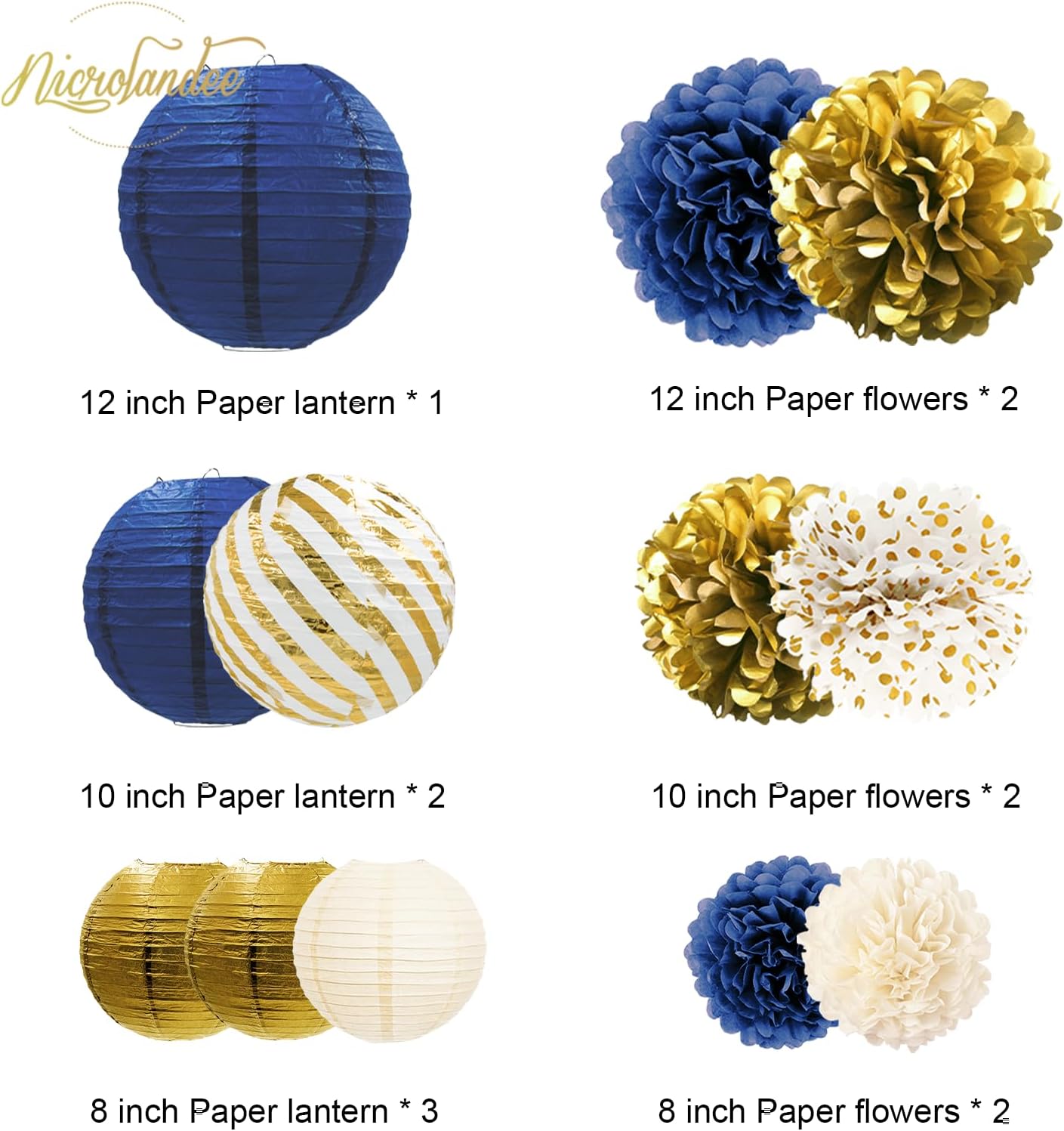 NICROLANDEE Navy Blue and Gold Decorations, 12PCS Hanging Paper Lanterns Tissue Pom Poms Decor for Graduation Party, Winter Wedding, Mens Birthday, Memorial Day Decorations, New Years Party Supplies - Image 2