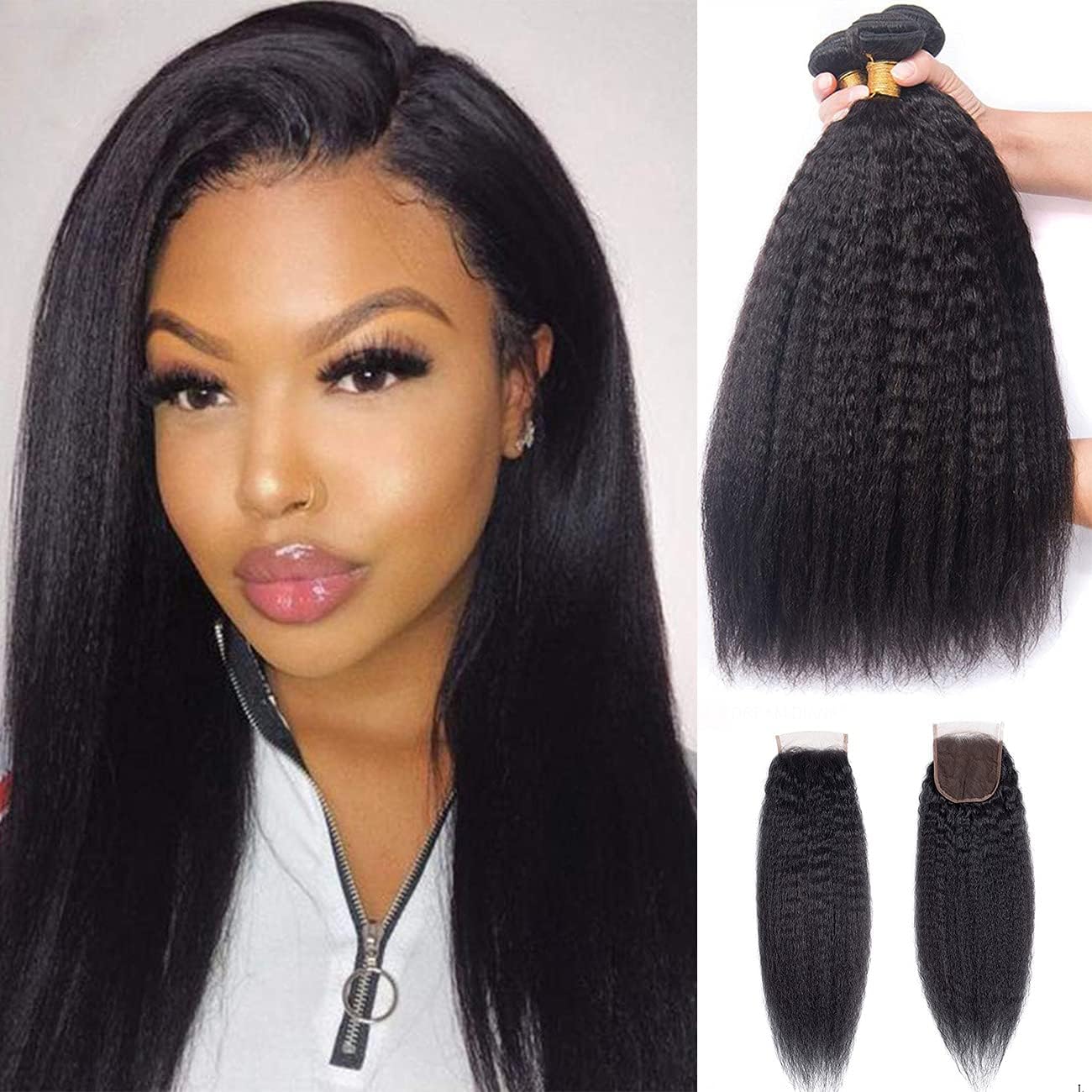 NC Human Hair Bundles With Closure Kinky Straight Brazilian Hair Bundles and Closure 100Percent Unprocessed Yaki Virgin Human Hair Bundles With Closure, 1b kinky straight, 16 18 20+14